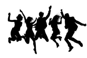 Dynamic group of diverse friends celebrating freedom and joy together, jumping with exhilarating energy for a vibrant, modern lifestyle concept.