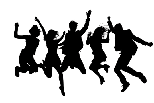 Dynamic group of diverse friends celebrating freedom and joy together, jumping with exhilarating energy for a vibrant, modern lifestyle concept. - Powered by Adobe