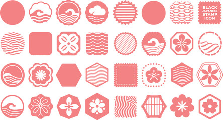 Collection of Japanese Stamp Icons Featuring Waves, Flowers, Clouds, Geometric Shapes and Typography in a Coral Color Palette