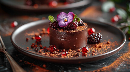 Elegant plated dessert garnished with edible flowers and chocolate curls, bathed in golden window light on a clean ceramic plate with space around