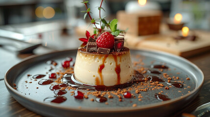 Elegant plated dessert garnished with edible flowers and chocolate curls, bathed in golden window light on a clean ceramic plate with space around