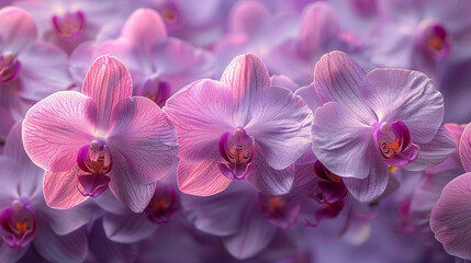 Obraz premium Elegant seamless pattern of mauve orchid blossoms, evenly spaced on a neutral background, ideal for upscale fabric or wallpaper design