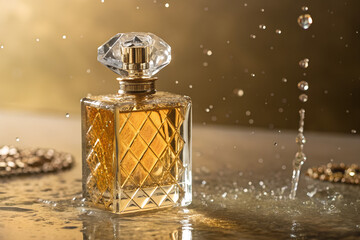 Luxury perfume bottle with golden liquid and crystal cap, standing on reflective surface with water splash effect. Elegant fragrance concept on warm golden background.
