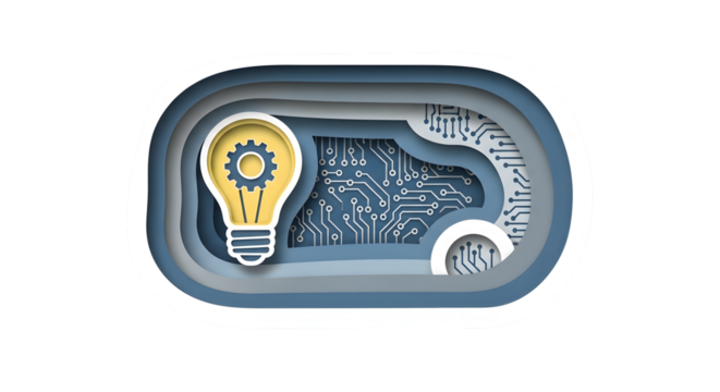 Stylized light bulb with a gear inside, layered over a circuit board pattern, representing innovation and technology, isolated on transparent background