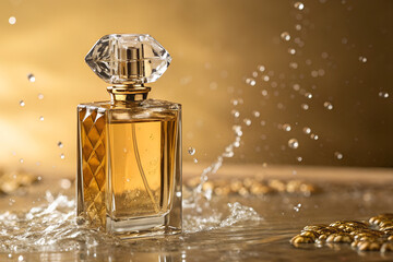 Luxury perfume bottle with golden liquid and crystal cap, standing on reflective surface with water splash effect. Elegant fragrance concept on warm golden background.
