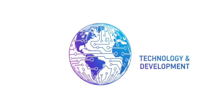 Abstract globe with circuit board pattern and text technology development, isolated on transparent background