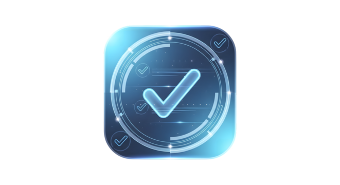 Digital checkmark in a futuristic circle with glowing lines, isolated on transparent background