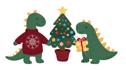 Christmas dinosaurs illustration with two cute dinos celebrating near a decorated Christmas tree, one wearing a festive sweater and the other holding a gift box. Holiday design perfect for Christmas.