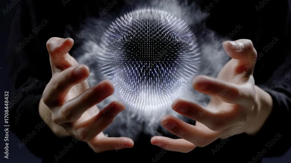 Poster hands holding a glowing textured sphere emitting smoke in a dark environment.animation loop concept