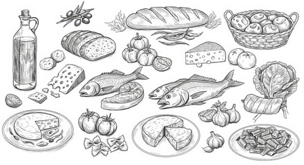 Hand Drawn Mediterranean Food Set with Traditional Dishes, Olive Oil, Bread, Cheese, Fish, Vegetables, Pasta, and Herbs Vintage Sketch Illustration
