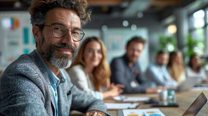Fototapeta premium Business professionals in a meeting room discussing ideas and financial strategies with visible charts and tech devices, captured in a collaborative moment