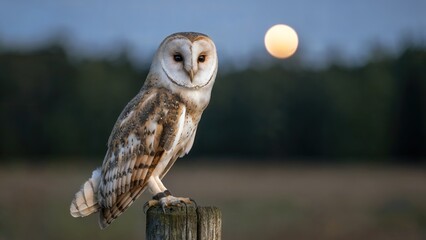 Barn Owl Perched at Night with Moon in Background
