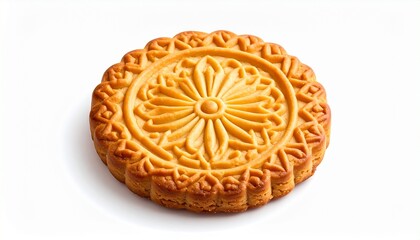 Golden mooncake with floral pattern on white background