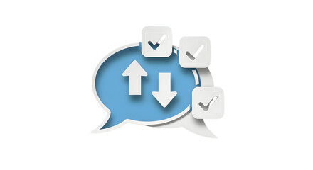 Obraz premium A blue speech bubble with up and down arrows and checkmarks, isolated on white background