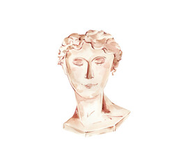 Watercolor Hand Drawn Antique Sculpture, Vintage Statue Illustration, Woman bust