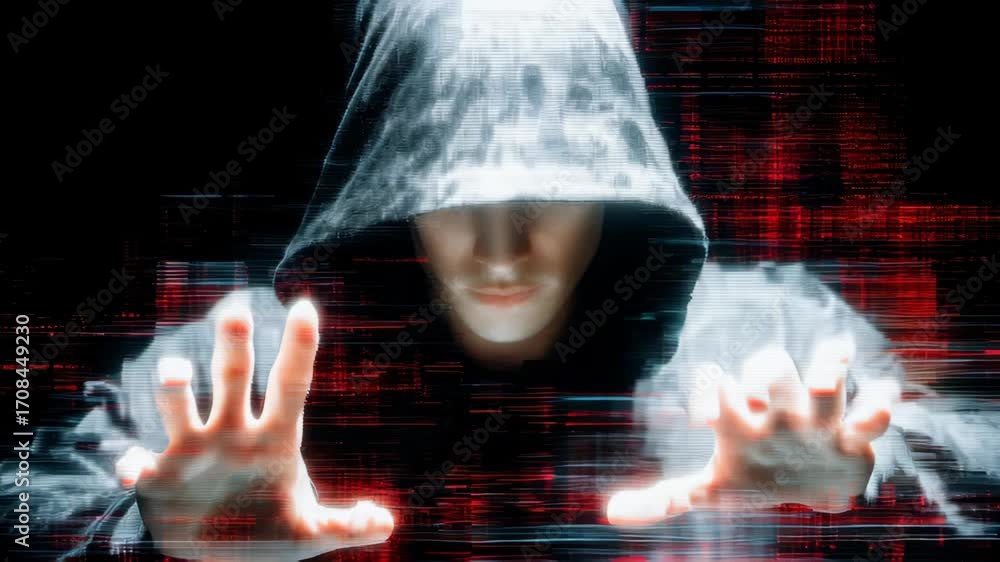 Poster mysterious figure in a hooded sweatshirt engaging with digital interfaces surrounded by abstract red
