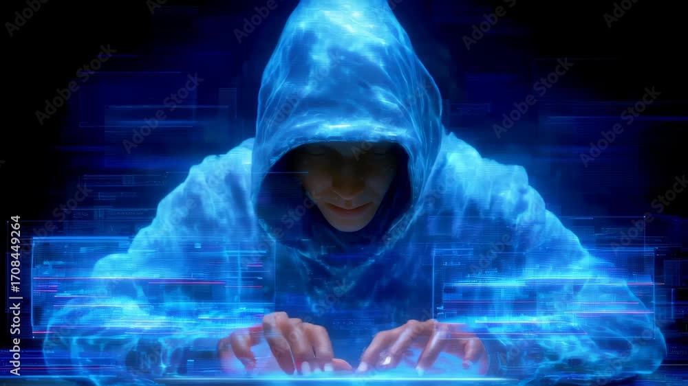 Poster person in glowing blue hooded cloak interacting with futuristic digital interface.animation loop con