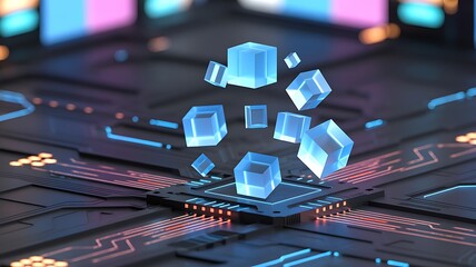 Abstract image representing data processing or digital technology with floating luminous cubes and a circuit board background.
