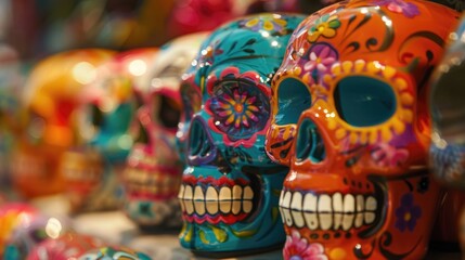 Fototapeta premium Colorful sugar skulls arranged in a row. Street decorations and souvenirs for the Day of the Dead celebration in Mexico. horizontal banner, copy space, free space for text