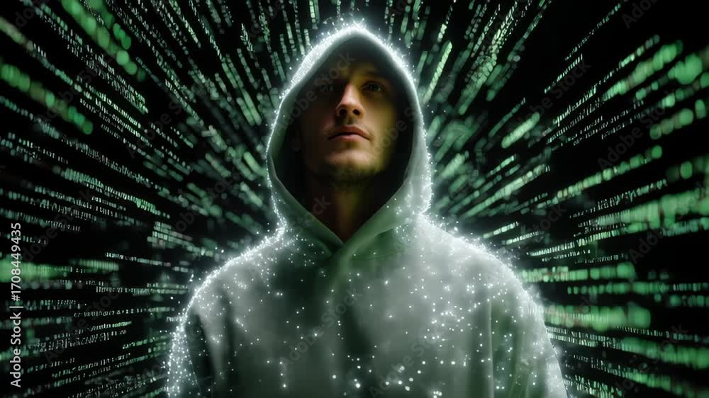 Poster person in hooded sweatshirt surrounded by glowing binary code in a futuristic digital environment.an