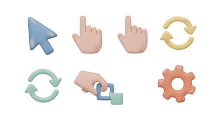 Collection of icons including cursor, hands, refresh arrows, and gear isolated on transparent background