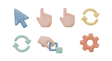 Collection of icons including cursor, hands, refresh arrows, and gear isolated on transparent background