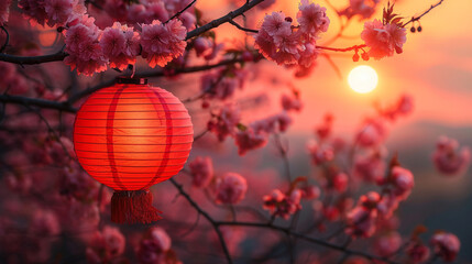 Traditional red Chinese lantern hanging from a cherry blossom branch at sunset, surrounded by soft petals and warm golden light in the sky