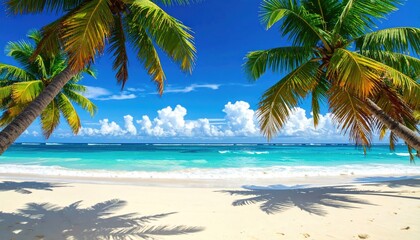 Fototapeta na wymiar Tropical Beach Scene with Palm Trees Azure Water and White Sand Under Bright Blue Sky Holiday Vacation Paradise Destination