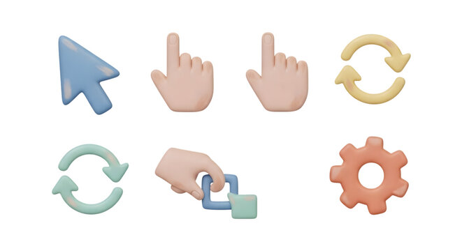 Collection of icons including cursor, hands, refresh arrows, and gear isolated on transparent background