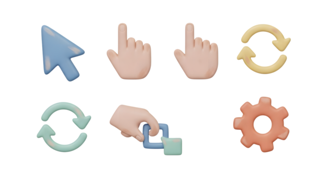 Collection of icons including cursor, hands, refresh arrows, and gear isolated on transparent background