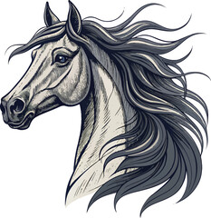 Detailed Horse Head Illustration with Flowing Mane