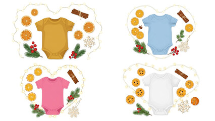 Set of four images. Children's multi-colored bodysuits with Christmas decor represent the birth of a baby in the new year.