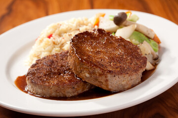 beef steak with mashed rice