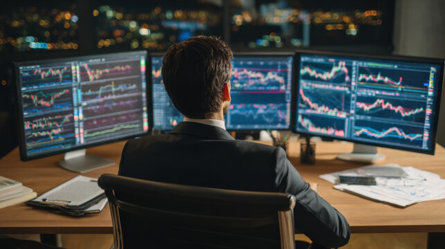 Businessman Analyzing Stock Charts on Multiple Monitors with Financial Documents