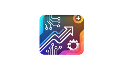 Digital circuit board with upward trending arrow, gear, and plus sign, representing technology and growth