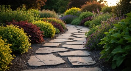 Obraz premium Stone pathway winds through a vibrant garden at sunset. Lush plantings of varying colors and textures border the path