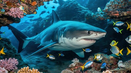 Fototapeta premium Great White Shark Swimming in Coral Reef with Tropical Fish