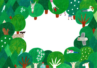 手描きイラスト　木々のすきまからのぞく、森の動物と人々