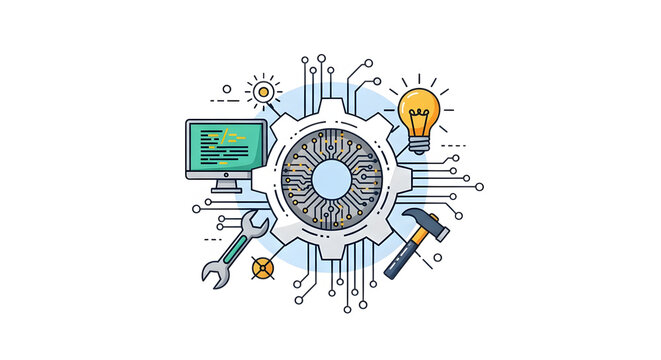 Central gear with eye motif surrounded by technology icons like computer, lightbulb, and tools, isolated on white background