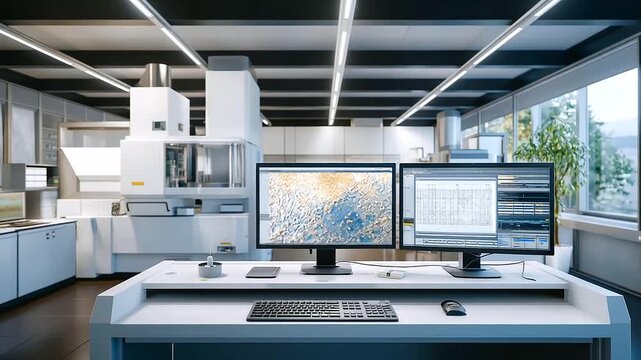 X ray diffractometers analyze crystals in a crystallography lab with beams diffracting detectors rotating patterns displaying on screens and samples mounted on goniometers sho