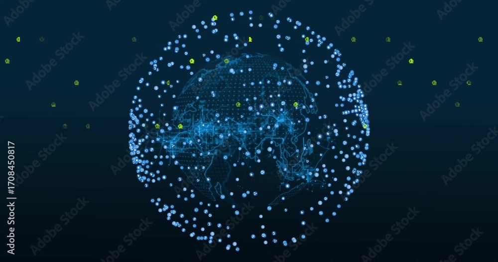 Poster showing digital globe floating in virtual display with glowing blue and yellow nodes, network lines