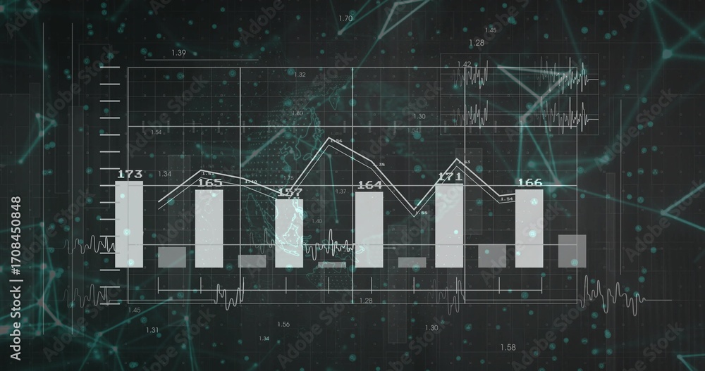 Poster displaying six bars with line graph in dashboard, with world map, inset waveform and network nodes