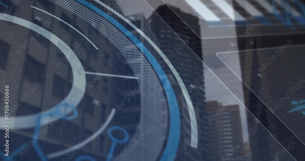 Aufkleber overlaying hud interface displaying data nodes across urban skyline, with concentric circles