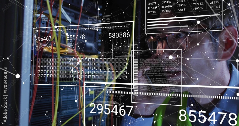 Poster monitoring korean man handling network hardware cables in data center, glowing leds, copy space