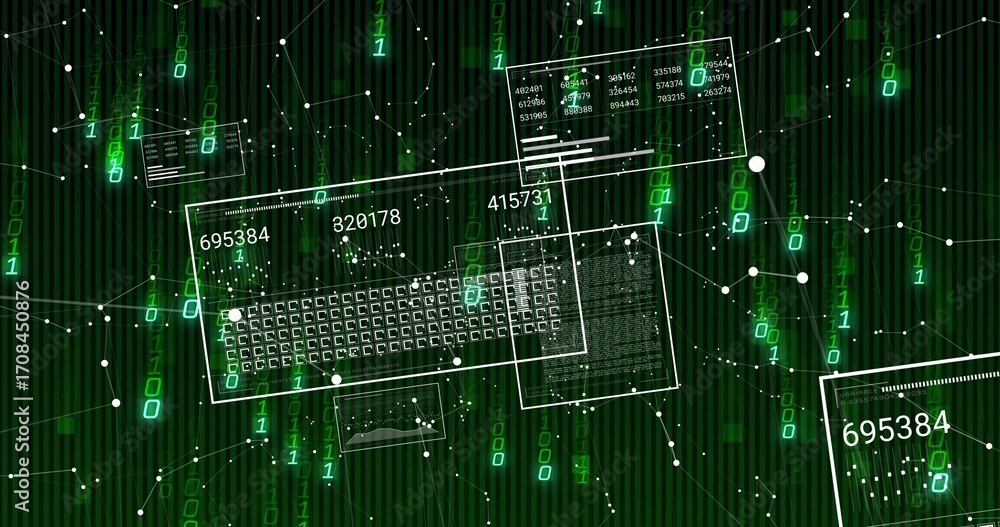 Poster digital interface panel floating in virtual space, with keyboard layout and binary digit streams