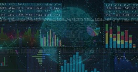 Displaying 3D globe streaming binary code in analytics dashboard, with bar and line graphs, tables