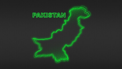 Fototapeta premium Neon Green Pakistan Map Outline Futuristic Digital Glow Halftone Illustration