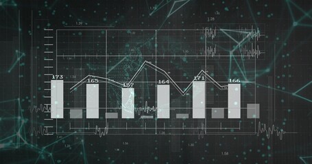 Displaying six bars with line graph in dashboard, with world map, inset waveform and network nodes