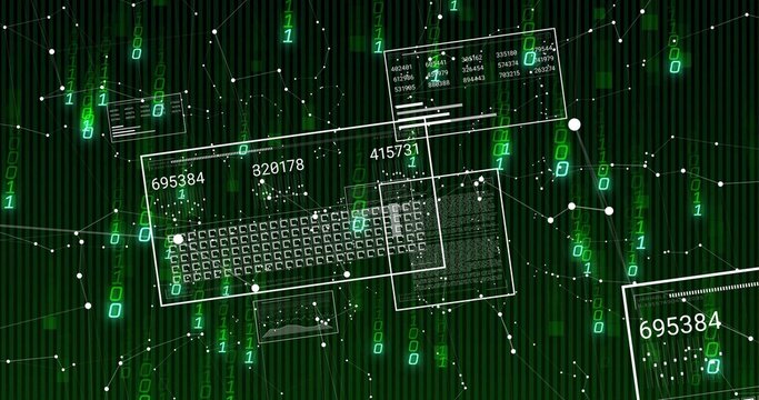 Digital interface panel floating in virtual space, with keyboard layout and binary digit streams