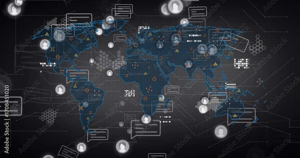 Poster showing network map interface on dark grid featuring user icons, chat bubbles and connecting lines